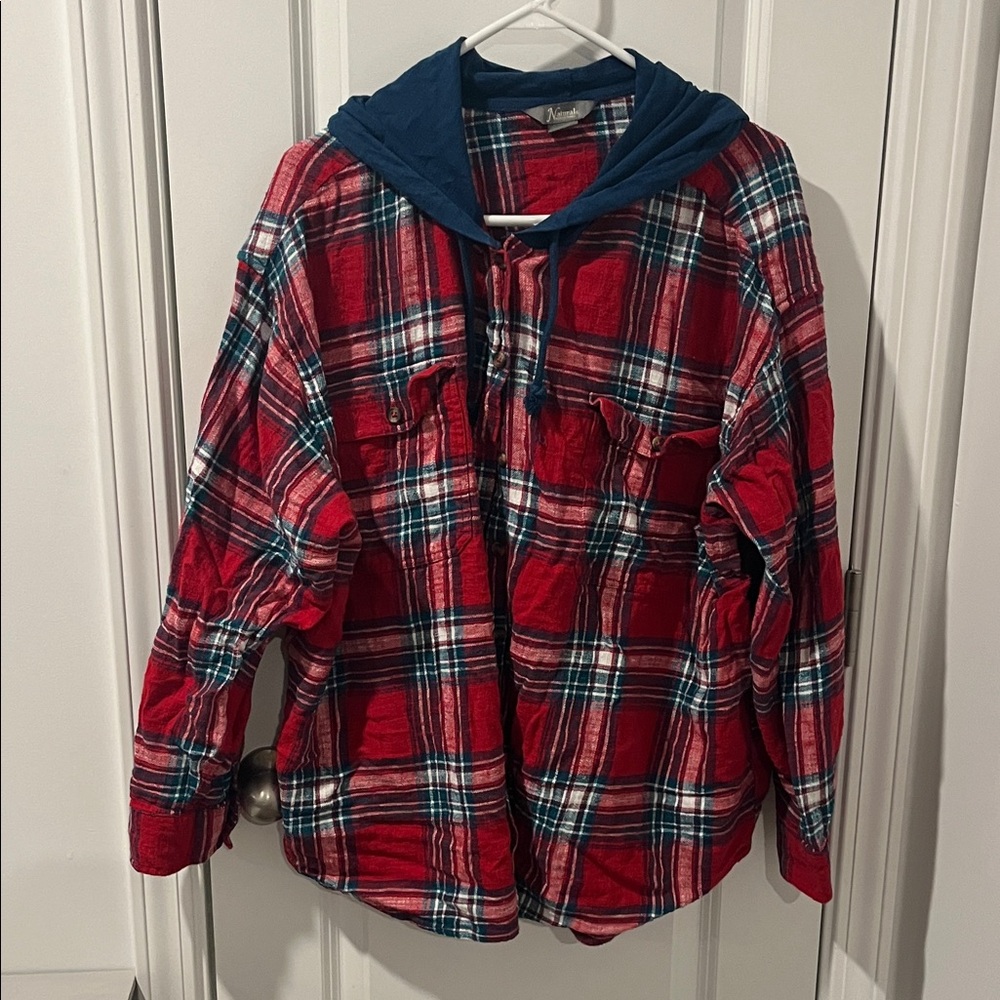 Natural Reflections Red and Blue Plaid hooded flannel shirt
